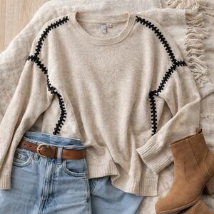 Cream Knit Sweater Contrast Stitch Whipstitch Detail Minimalist Cozy